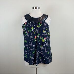 French Connection Cotton Navy Blue Green Floral Sequin Collar Blouse Top Women